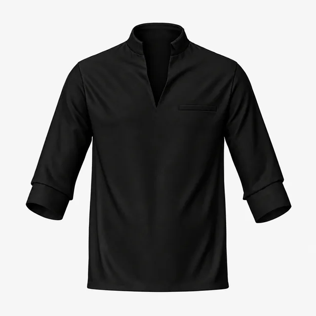 Blank black stand-collar placket T-shirt with rolled sleeves mockup
