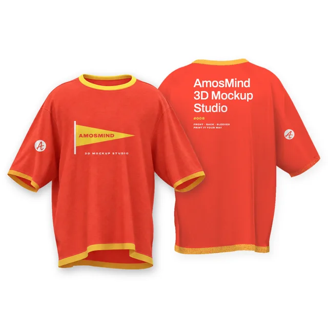 Boxy contrast-trim T-shirt mockup shown front and back with AmosMind artwork