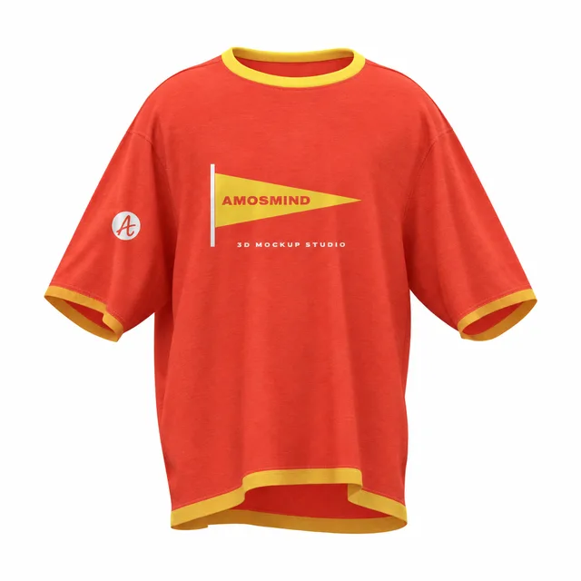 Boxy contrast-trim T-shirt mockup with AmosMind artwork