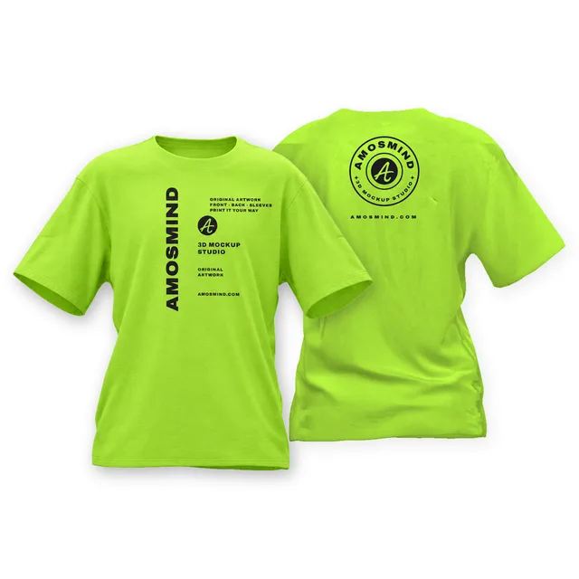 Boxy crew-neck T-shirt mockup shown front and back with AmosMind artwork