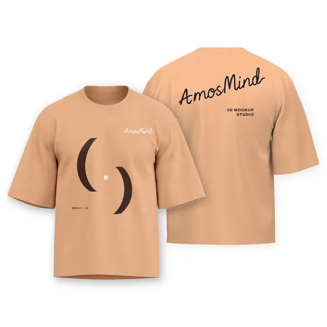 Boxy cropped T-shirt mockup shown front and back with AmosMind artwork