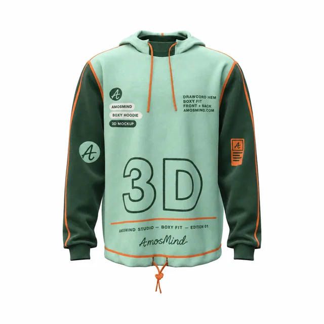 Boxy hoodie mockup with AmosMind artwork