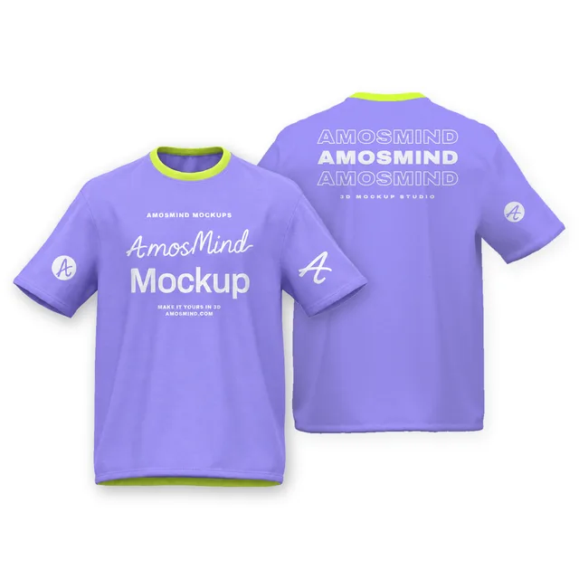 Boxy rolled-sleeve T-shirt mockup shown front and back with AmosMind artwork