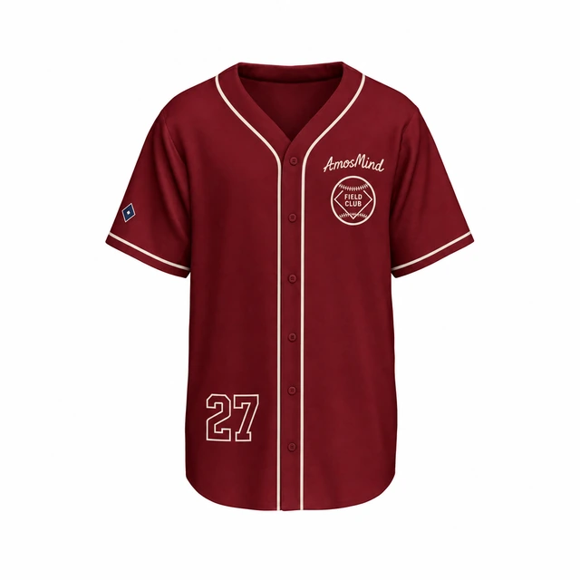 Button-front baseball jersey with AmosMind artwork