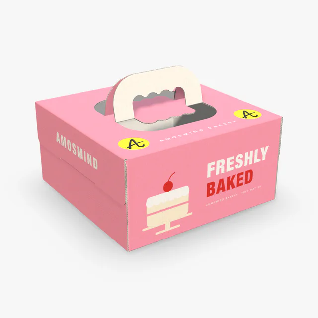 Cake box with handle mockup with AmosMind artwork