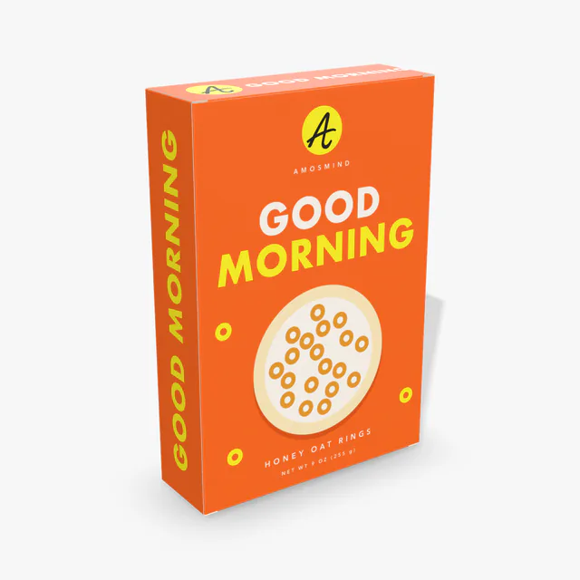 Cereal box mockup with AmosMind artwork