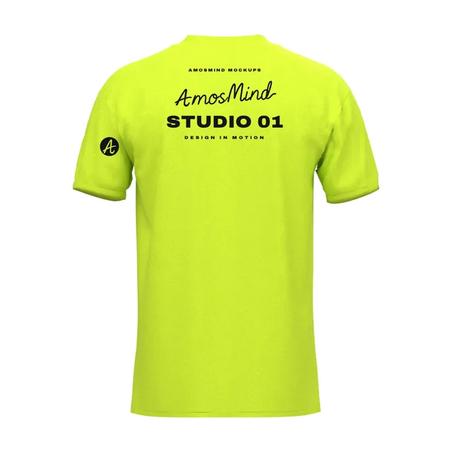 Back of the Classic crew-neck T-shirt mockup with AmosMind artwork