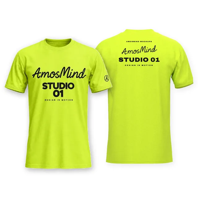 Classic crew-neck T-shirt mockup shown front and back with AmosMind artwork