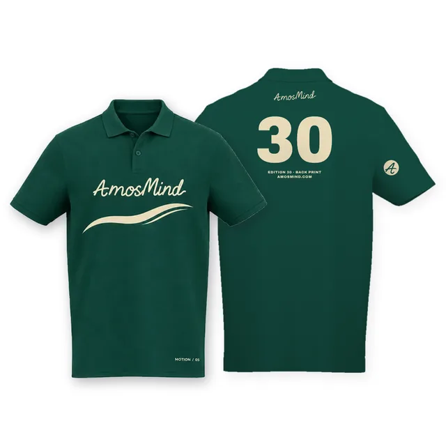 Classic polo shirt mockup shown front and back with AmosMind artwork