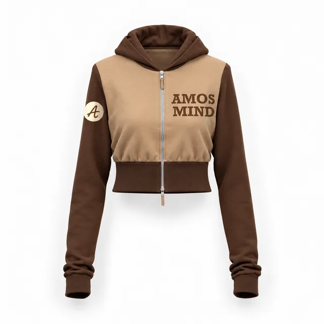 Color-block cropped zip-up hoodie mockup with AmosMind artwork