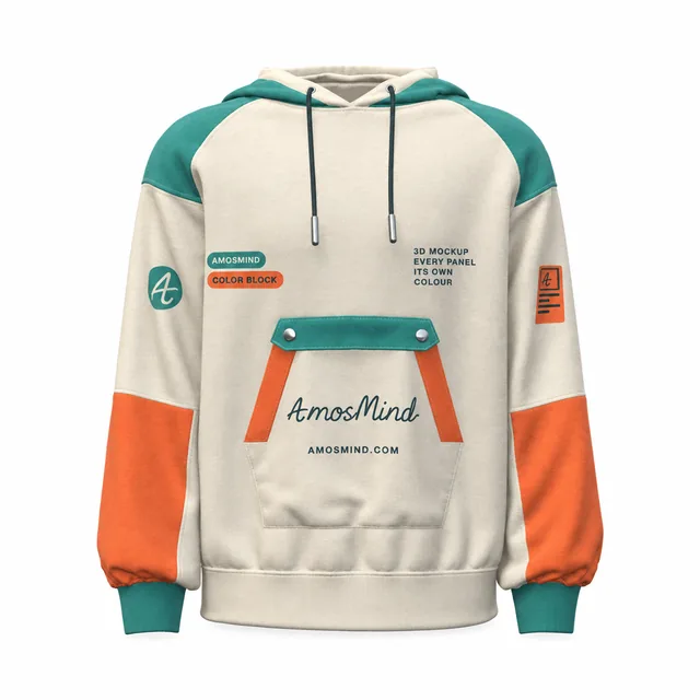 Color-block hoodie mockup with AmosMind artwork