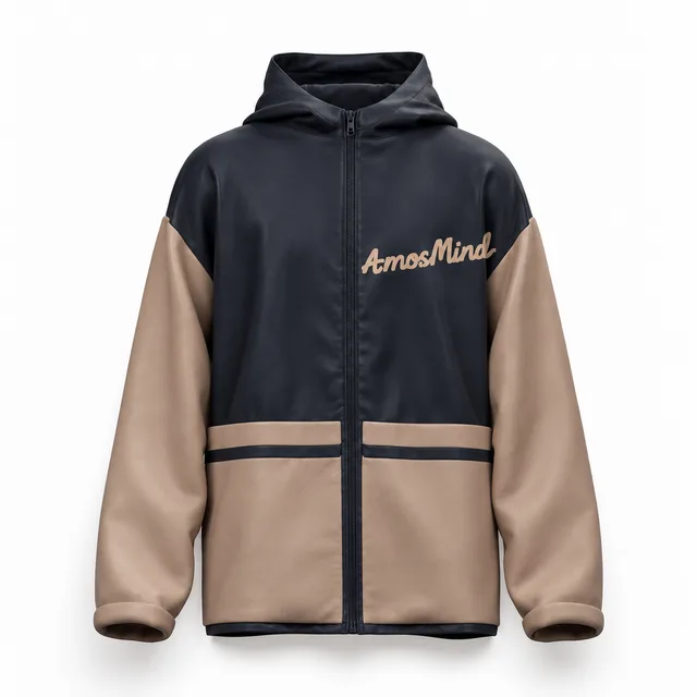 Contrast-sleeve navy zip-up hoodie mockup with AmosMind artwork