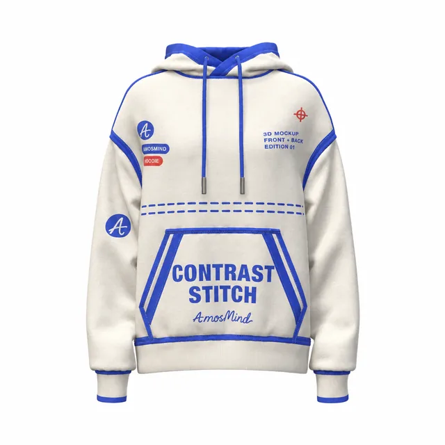 Contrast-stitch hoodie mockup with AmosMind artwork