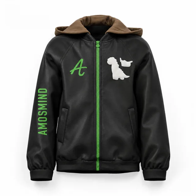 Contrast-zip black hoodie mockup with AmosMind artwork