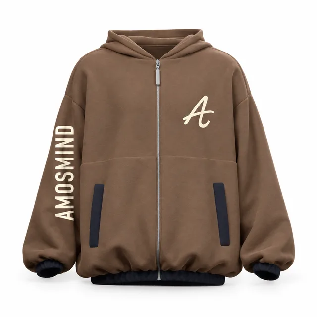 Contrast-zip tan hoodie mockup with AmosMind artwork