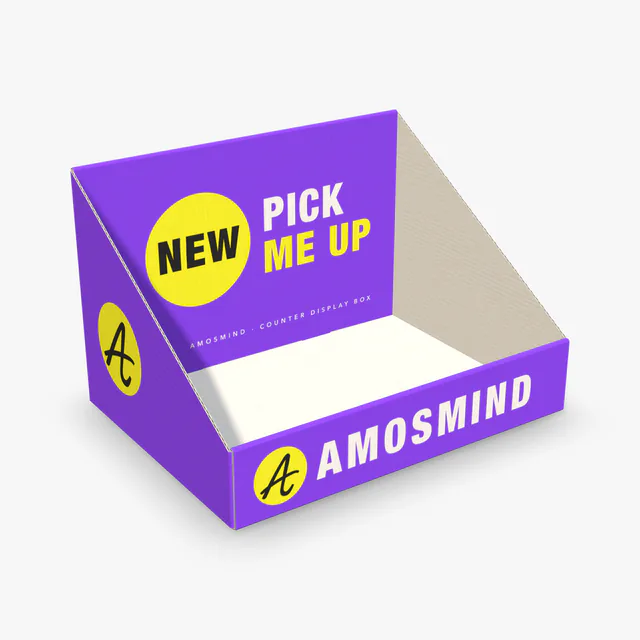 Counter display box mockup with AmosMind artwork