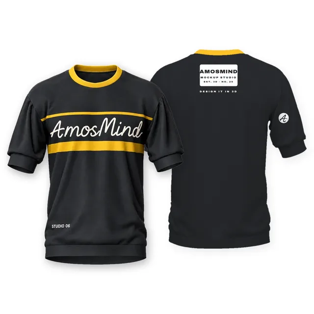 Crew-neck banded short-sleeve top mockup shown front and back with AmosMind artwork