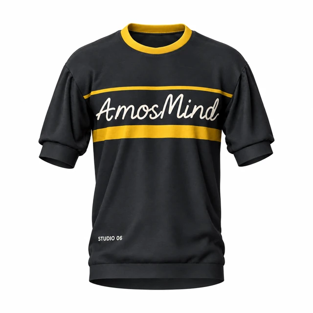 Crew-neck banded short-sleeve top mockup with AmosMind artwork
