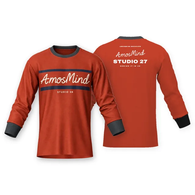 Crew-neck banded-sleeve T-shirt mockup shown front and back with AmosMind artwork