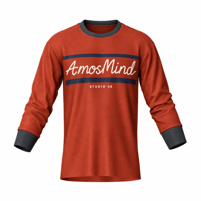 Crew-neck banded-sleeve T-shirt mockup with AmosMind artwork