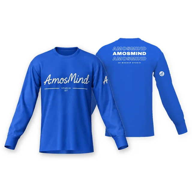Crew-neck long-sleeve T-shirt mockup shown front and back with AmosMind artwork