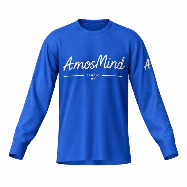 Crew-neck long-sleeve T-shirt mockup with AmosMind artwork