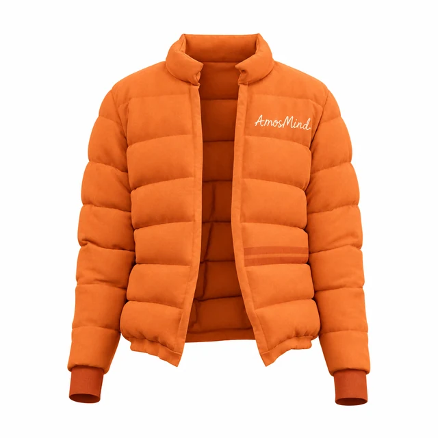 Cropped puffer jacket mockup with AmosMind artwork
