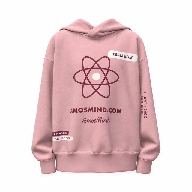 Cross-neck hoodie mockup with AmosMind artwork