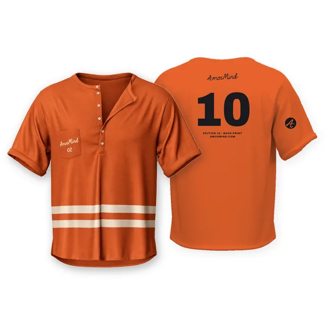 Deep-placket pocket Henley T-shirt mockup shown front and back with AmosMind artwork