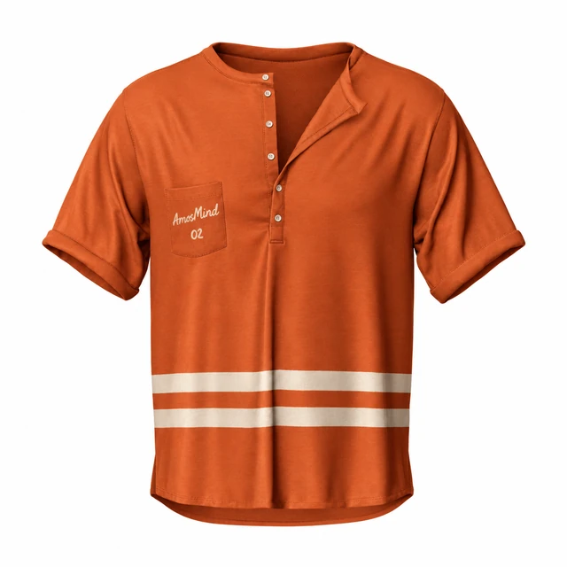 Deep-placket pocket Henley T-shirt mockup with AmosMind artwork