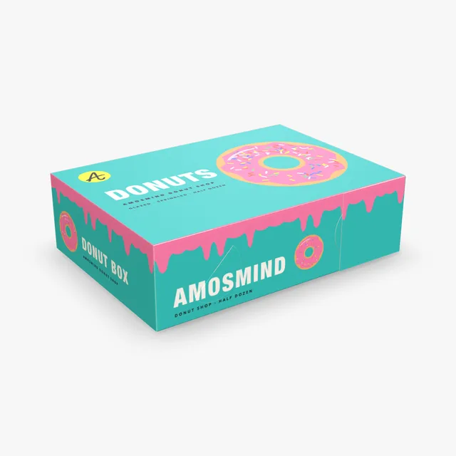 Donut box mockup with AmosMind artwork