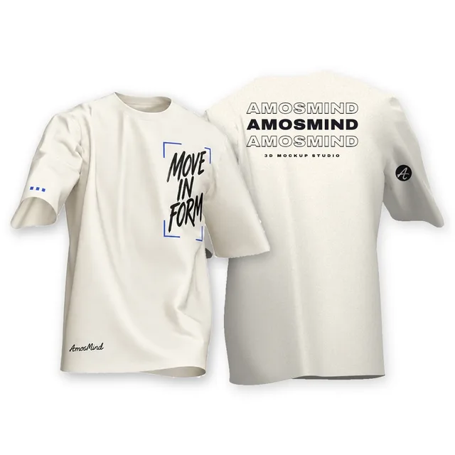 Draped crew-neck T-shirt mockup shown front and back with AmosMind artwork