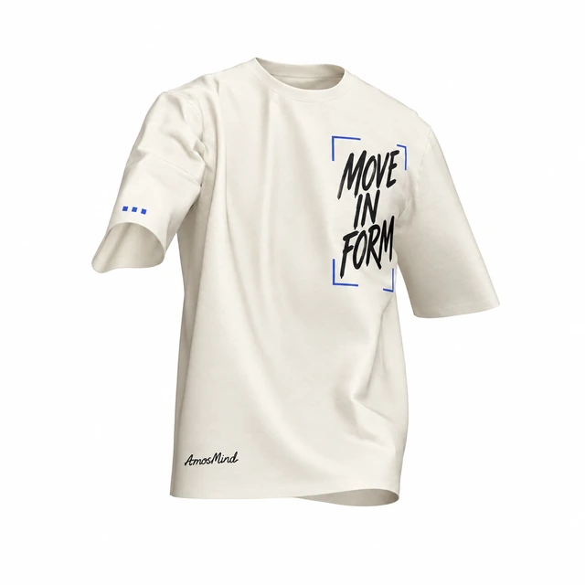 Draped crew-neck T-shirt mockup with AmosMind artwork