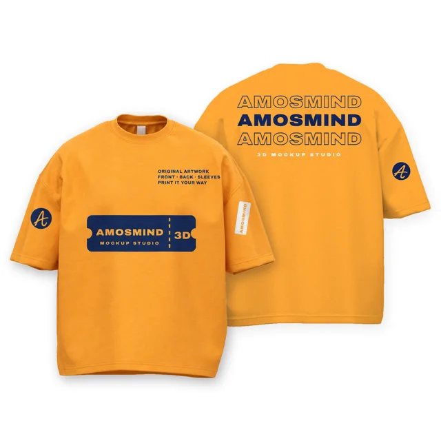 Drop-shoulder boxy T-shirt mockup shown front and back with AmosMind artwork
