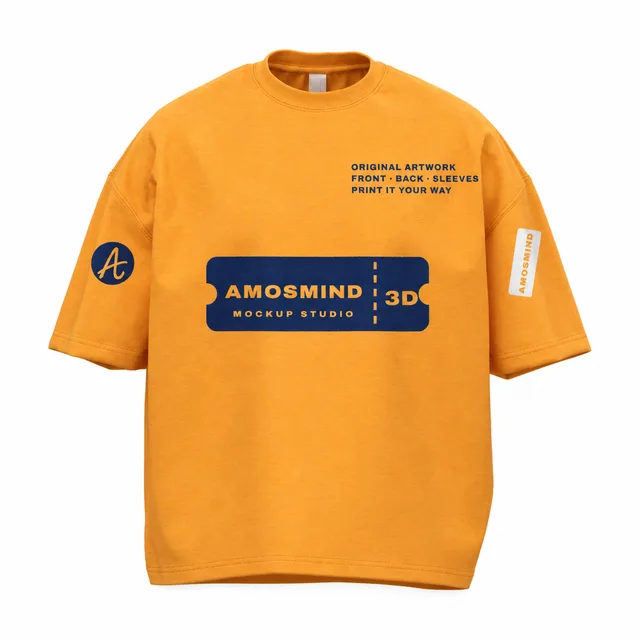 Drop-shoulder boxy T-shirt mockup with AmosMind artwork