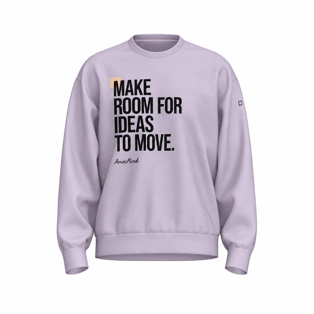 Drop-shoulder crew-neck sweatshirt mockup with AmosMind artwork