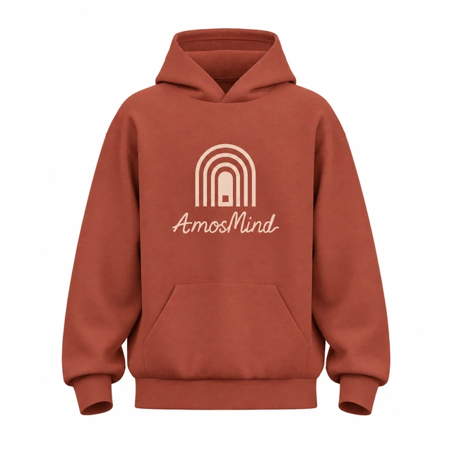 Drop-shoulder pullover hoodie mockup with AmosMind artwork