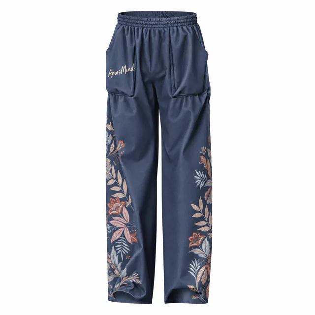 Elastic-waist wide-leg pants mockup with AmosMind artwork