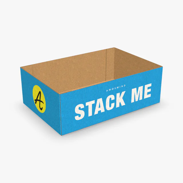 End-flap tray box mockup with AmosMind artwork