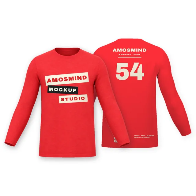 Fitted long-sleeve T-shirt mockup shown front and back with AmosMind artwork