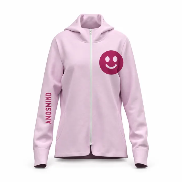Fitted pink zip-up hoodie mockup with AmosMind artwork