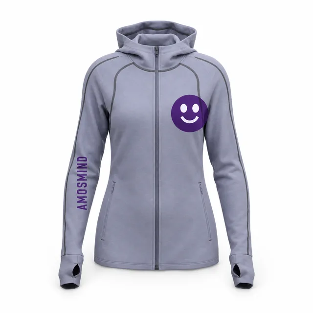 Fitted purple zip-up hoodie mockup with AmosMind artwork