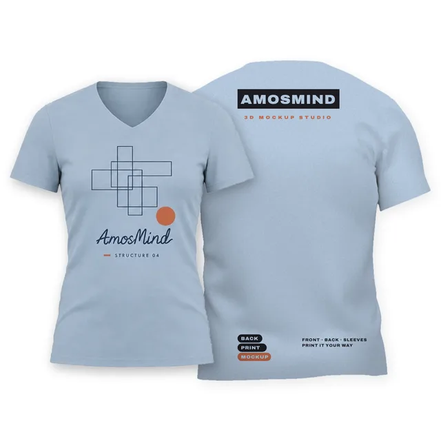 Fitted V-neck T-shirt mockup shown front and back with AmosMind artwork