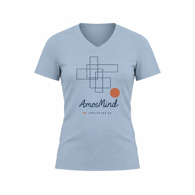 Fitted V-neck T-shirt mockup with AmosMind artwork