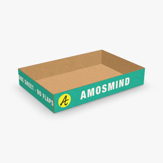 Flapless tray box mockup with AmosMind artwork