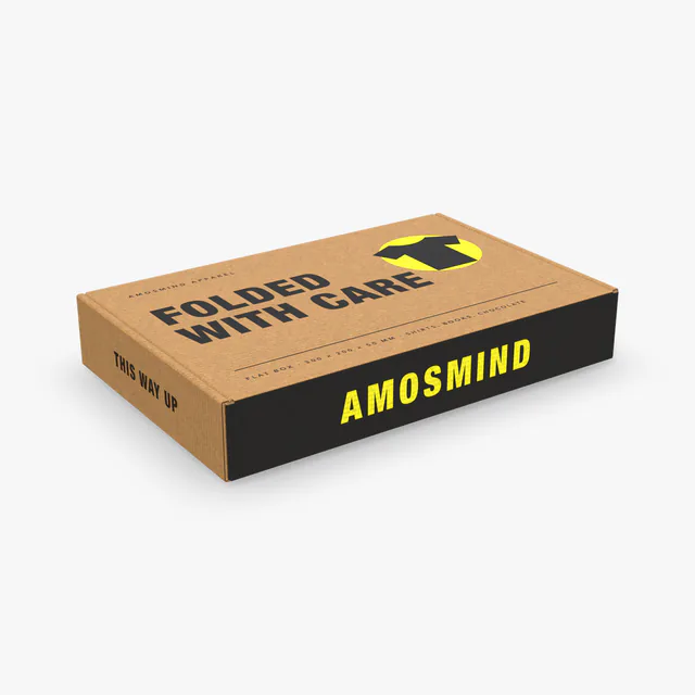 Flat box mockup with AmosMind artwork