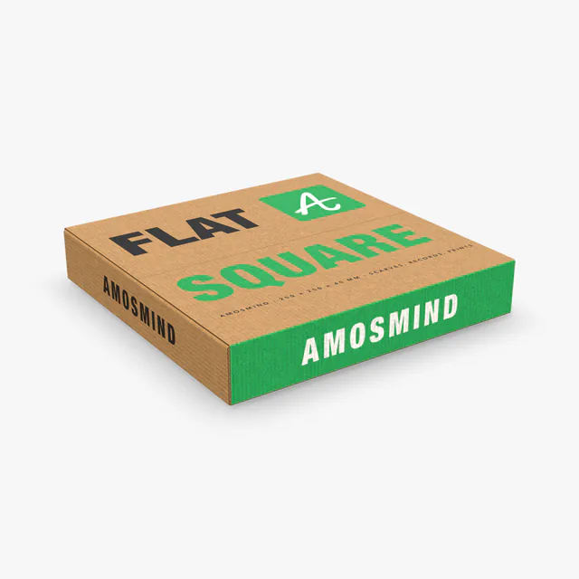 Flat square box mockup with AmosMind artwork