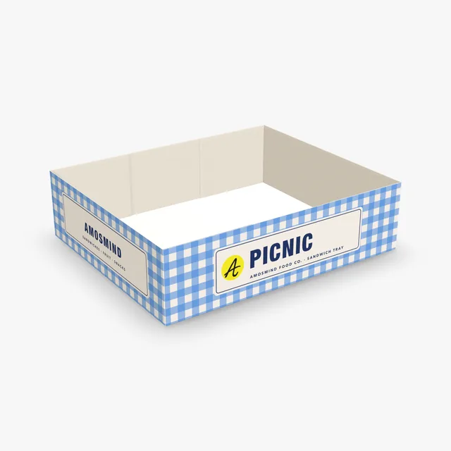 Food tray box mockup with AmosMind artwork
