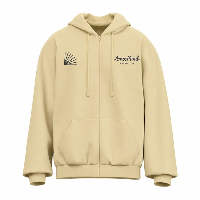 Full-zip hoodie mockup with AmosMind artwork