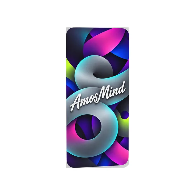 Glass phone mockup with AmosMind artwork